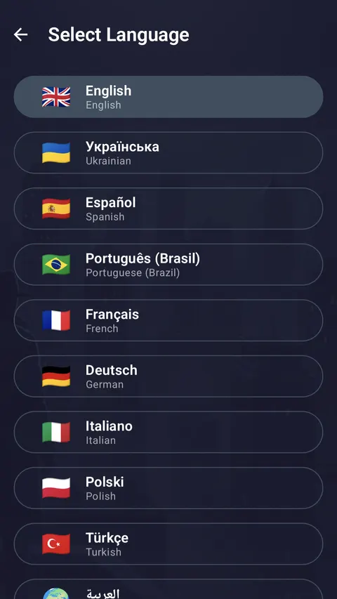 Language selection screen in Spy Game