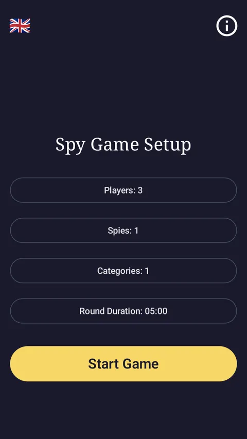 Spy Game setup screen